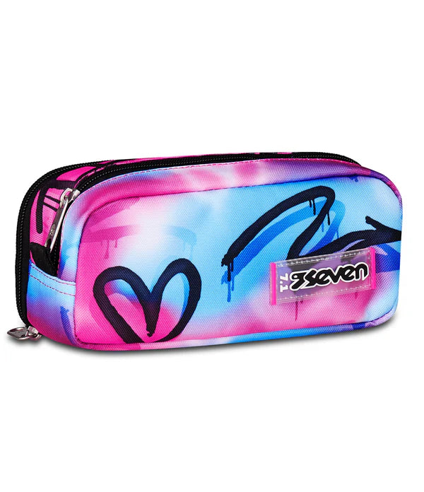 Seven Inside Out 2 Astuccio Scuola 3 Zip, Viola, Portapenne Triplo Scomparto Completo Di Penne, Matite