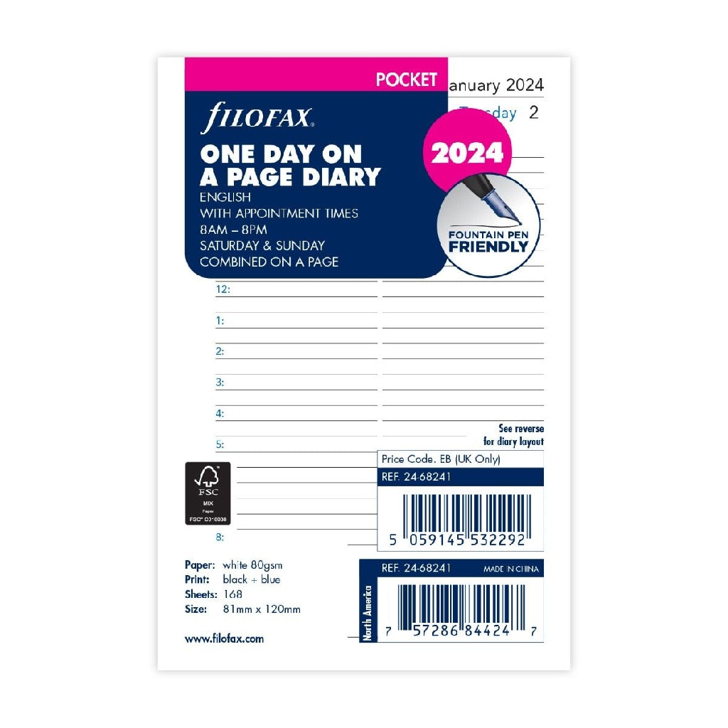 Ricambio Agenda Filofax 2024 Settimanale - Formato Pocket - Italiano