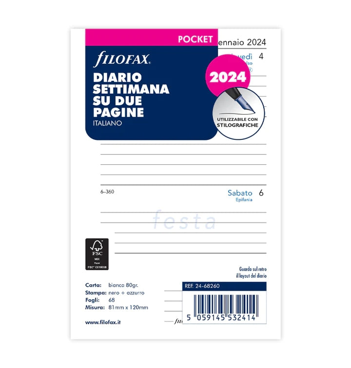 Ricambio per Agenda Settimanale 2024 Filofax Pocket