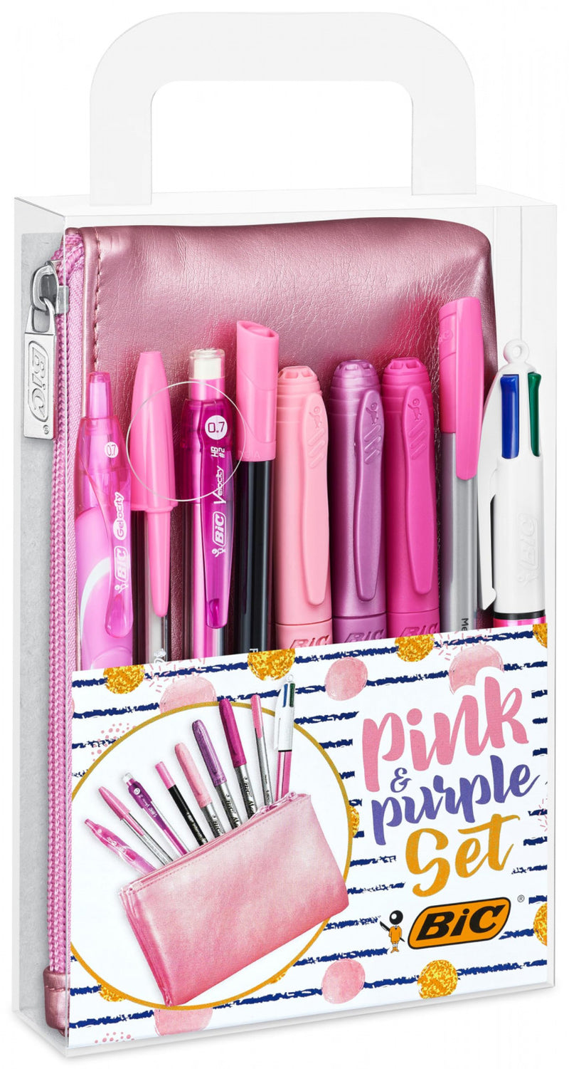 BIC Set Cancelleria 10 Pezzi Penne Matita Pennarelli Rosa e Viola