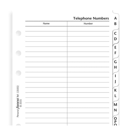 Refill Filofax Personal Indice con Indirizzi e Telefoni e Divisore Alfabetico A-Z - 12 fogli