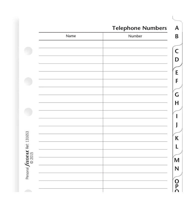 Refill Filofax Personal Indice con Indirizzi e Telefoni e Divisore Alfabetico A-Z - 12 fogli