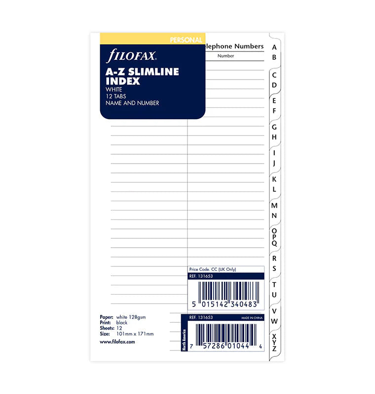 Refill Filofax Personal Indice con Indirizzi e Telefoni e Divisore Alfabetico A-Z - 12 fogli