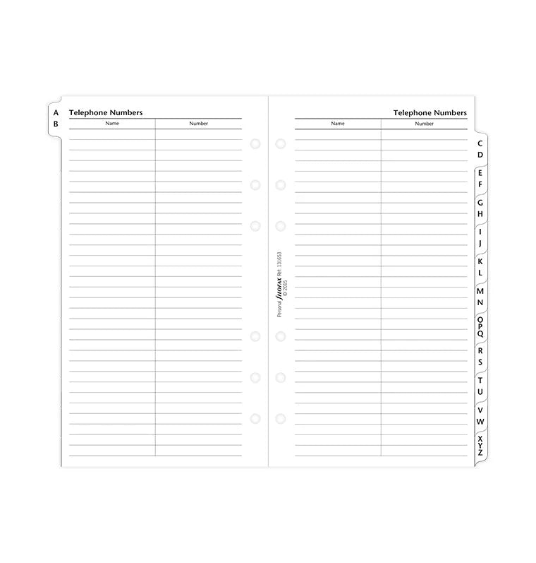 Refill Filofax Personal Indice con Indirizzi e Telefoni e Divisore Alfabetico A-Z - 12 fogli