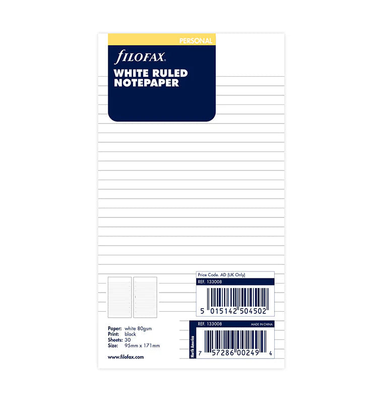 Refill Filofax Personal con Pagine Bianche a Righe - 30 fogli