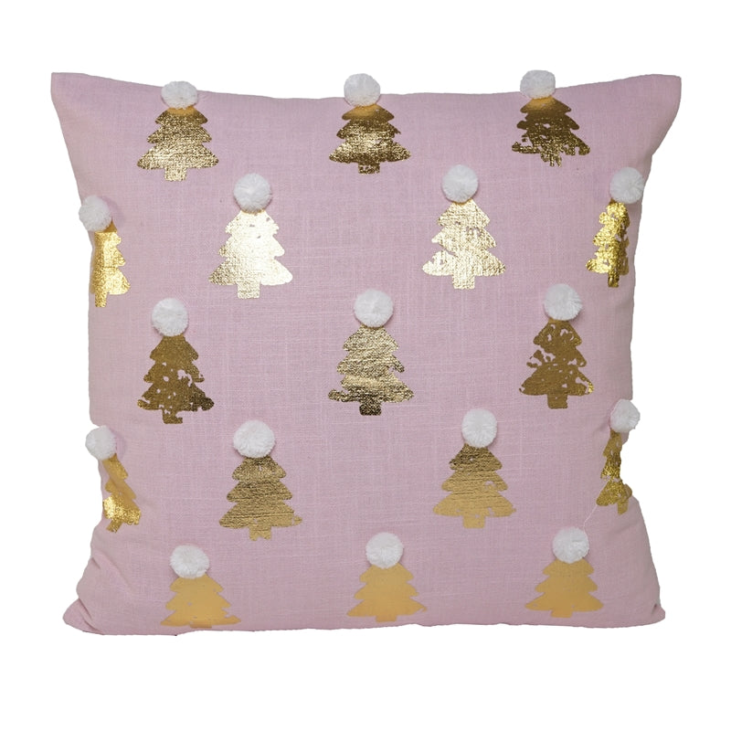 Cuscino in Cotone Rosa con Alberi e Pompom 45 x 45 cm