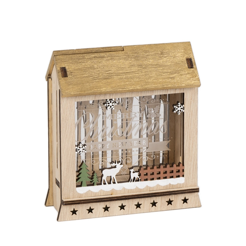 Casetta Merry Christmas in Legno Natural con Led 13 x 6,5 x 15 cm