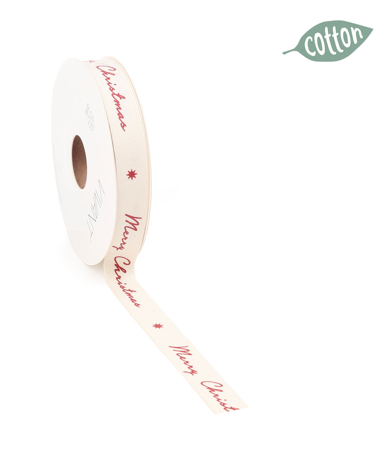 Nastro in Cotone Merry Christmas Panna e Rosso 15 mm x 15 mt