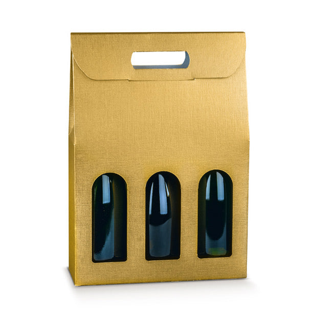 Scatola Porta 3 Bottiglie con Finestre e Maniglie Fibra Oro 270 x 90 x 385 mm