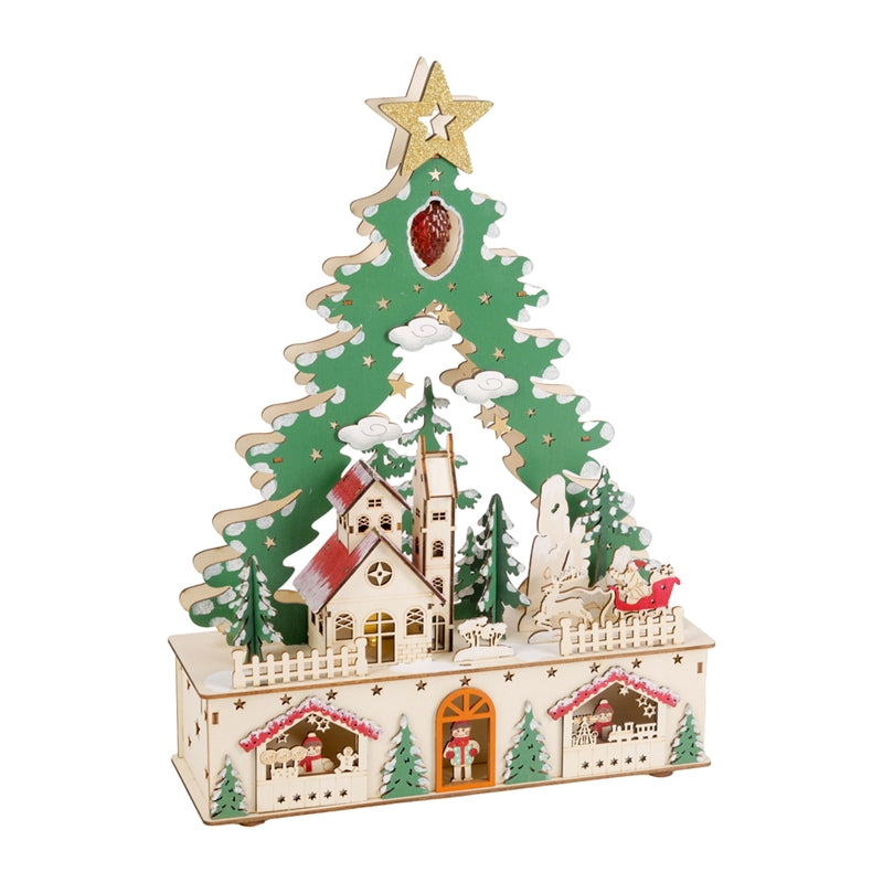 Villaggio in Legno Albero con Luce Multicolor 30 x 10 x 41 cm