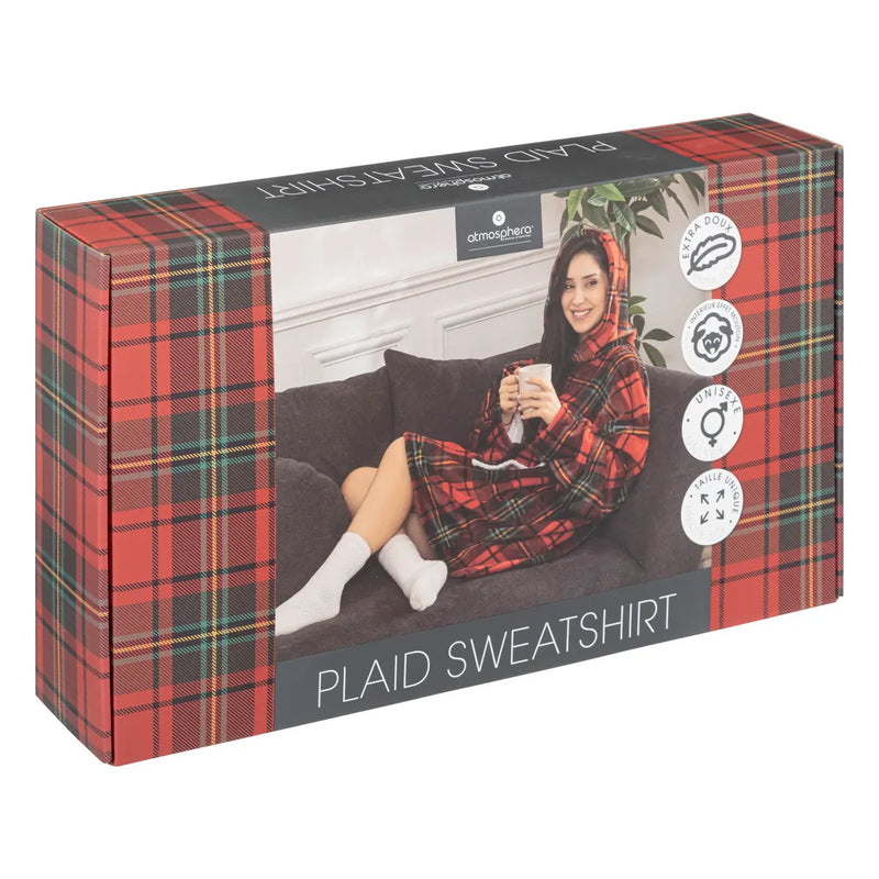 Mantella Plaid con Stampa Tartan Rosso e Cappuccio