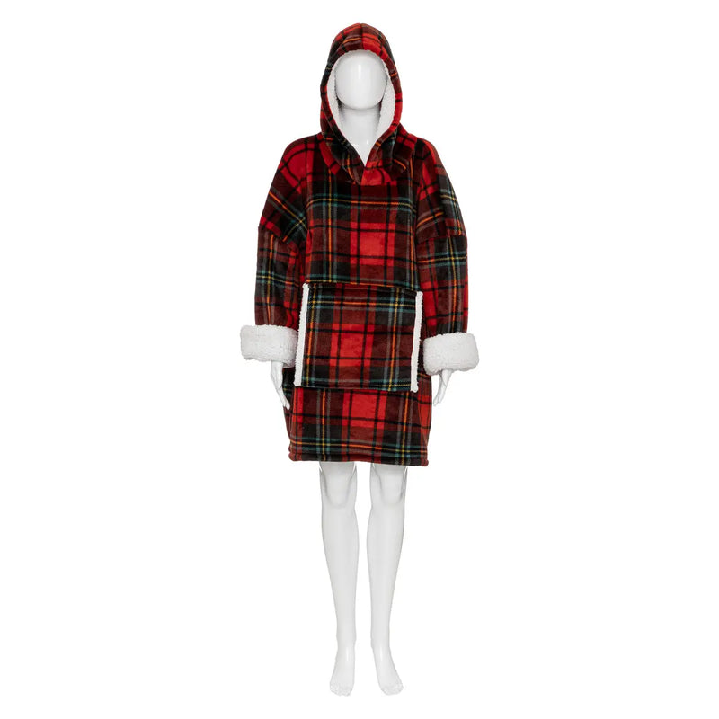 Mantella Plaid con Stampa Tartan Rosso e Cappuccio
