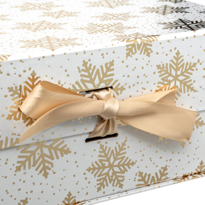 Scatola in Carta Rettangolare Stelle e Fiocchi di Neve Bianco e Oro 40 x 35 x 15 cm