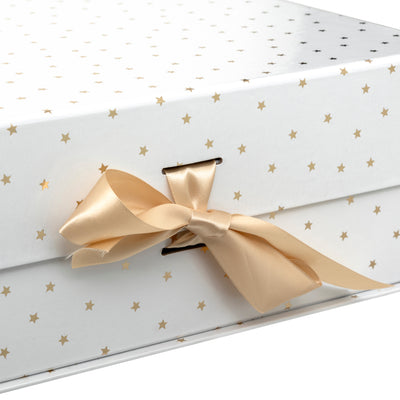 Scatola in Carta Rettangolare Stelle e Fiocchi di Neve Bianco e Oro 30 x 25 x 10 cm