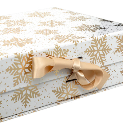 Scatola in Carta Rettangolare Stelle e Fiocchi di Neve Bianco e Oro 35 x 30 x 13 cm