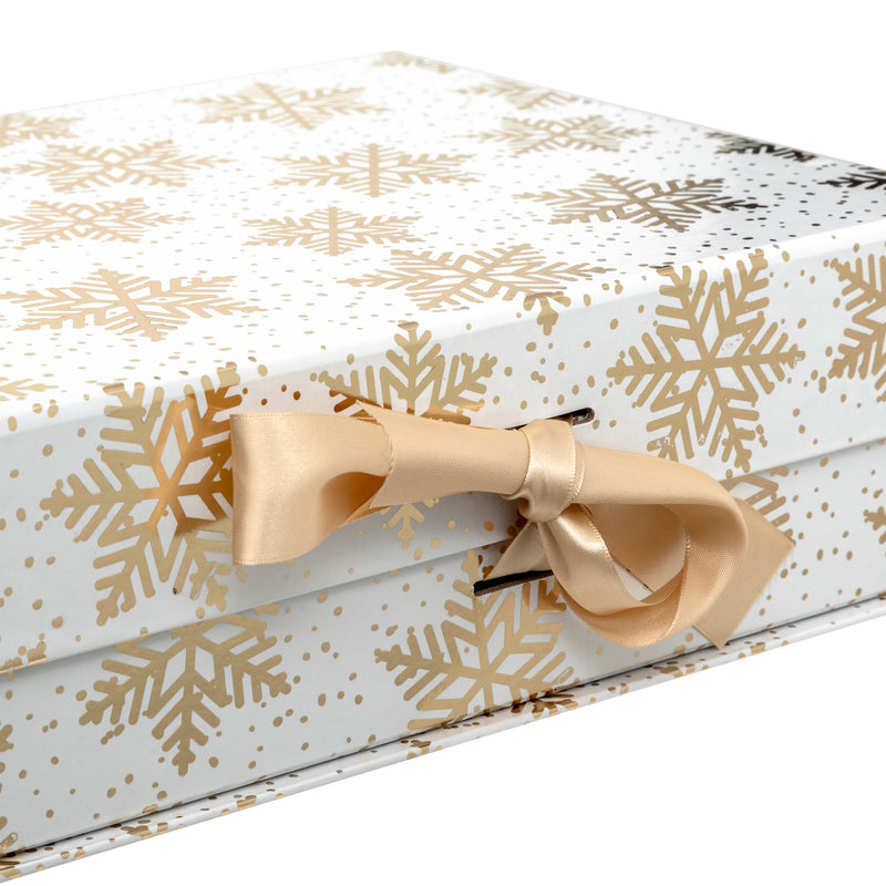 Scatola in Carta Rettangolare Stelle e Fiocchi di Neve Bianco e Oro 35 x 30 x 13 cm