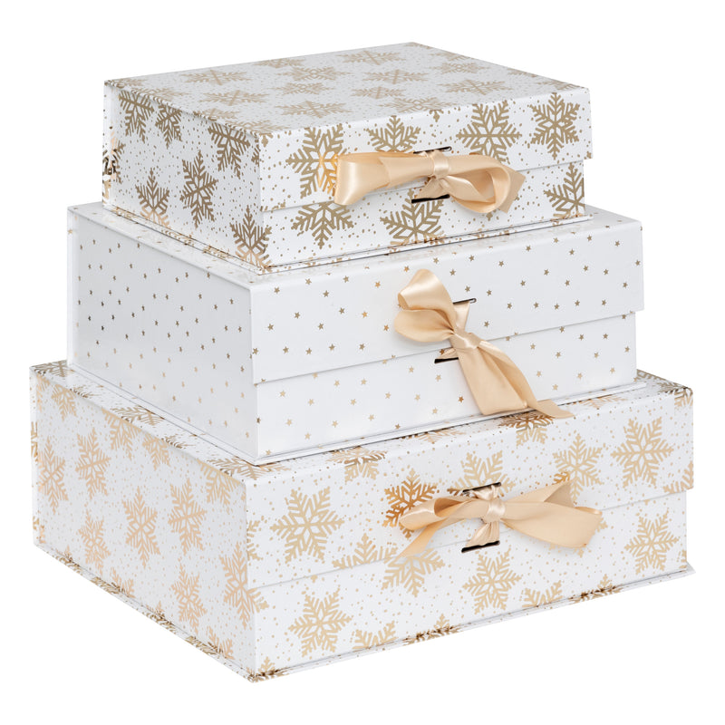 Scatola in Carta Rettangolare Stelle e Fiocchi di Neve Bianco e Oro 40 x 35 x 15 cm