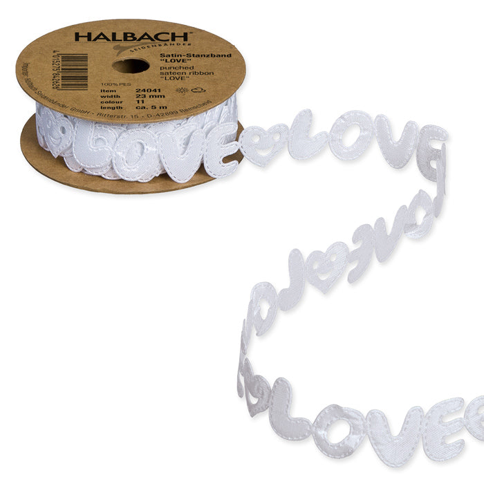 Nastro in Raso Ricamo Love Bianco 23 mm x 5 mt