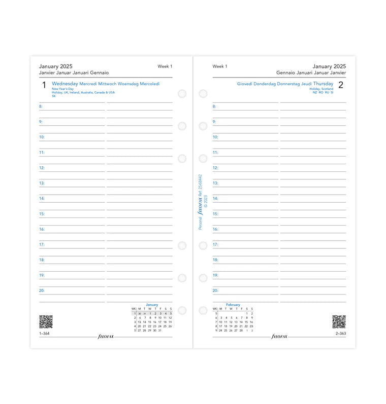 Ricambio Agenda Filofax Giornaliera Personal con Appuntamenti 2025