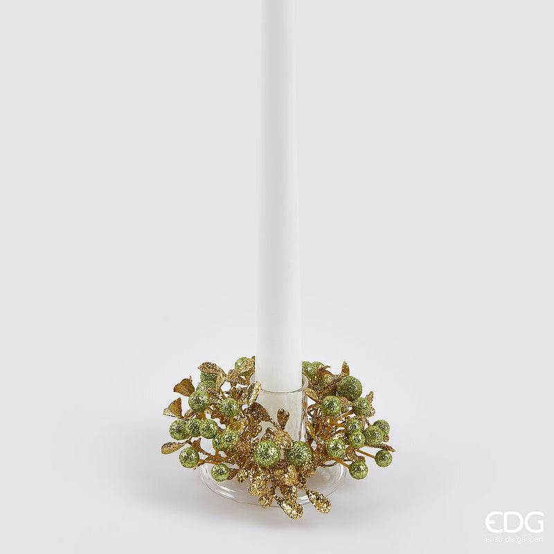 Porta Candele con Bacche e Foglie Verde e Oro 9 cm