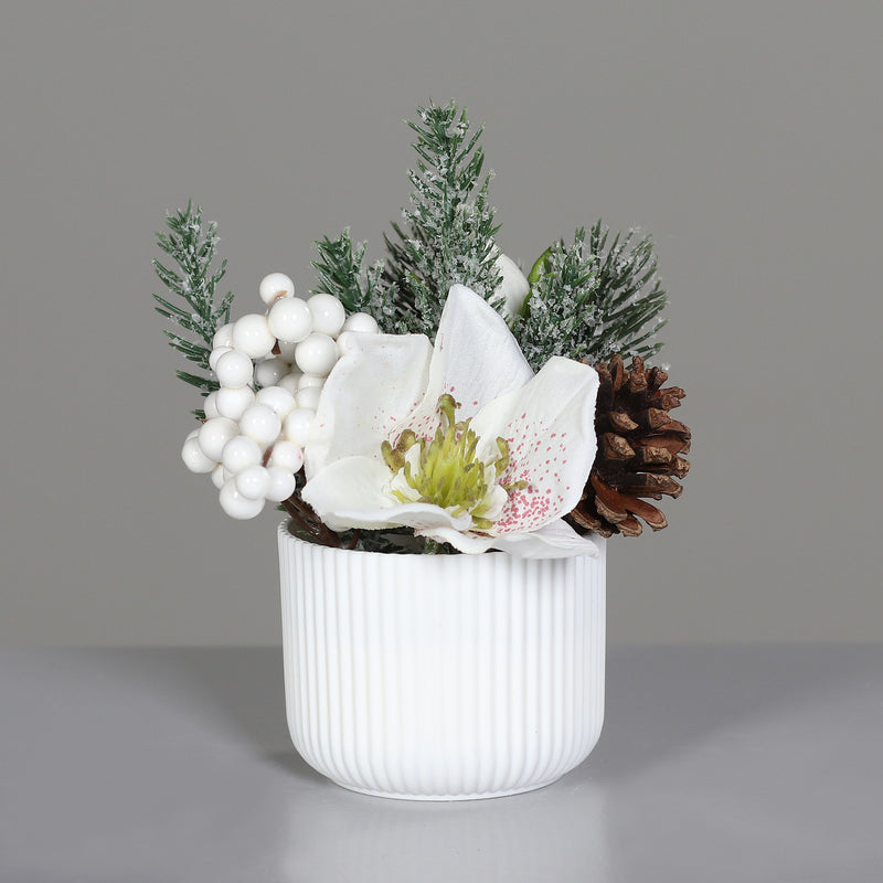 Vaso Natalizio in PVC con Fiori e Mele e Bacche Bianco 15 x 7 cm