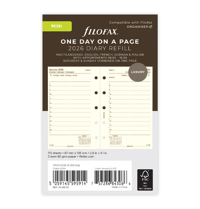 Refill Agenda Filofax Giornaliera Mini con Pagine Crema con Appuntamenti 2026 - 172 fogli