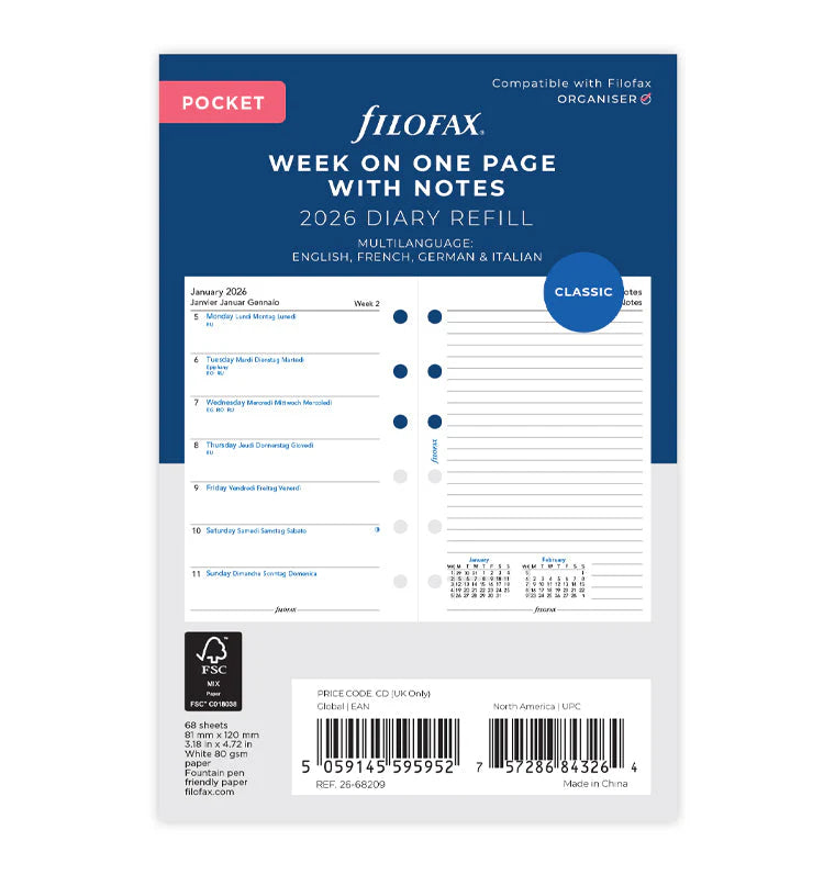 Refill Agenda Filofax Settimanale Pocket 2026 con Settimana su 1 Pagine e Note - 68 fogli