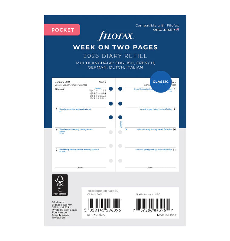 Refill Agenda Filofax Settimanale Pocket 2026 con Settimana su 2 Pagine Multilingua - 68 fogli