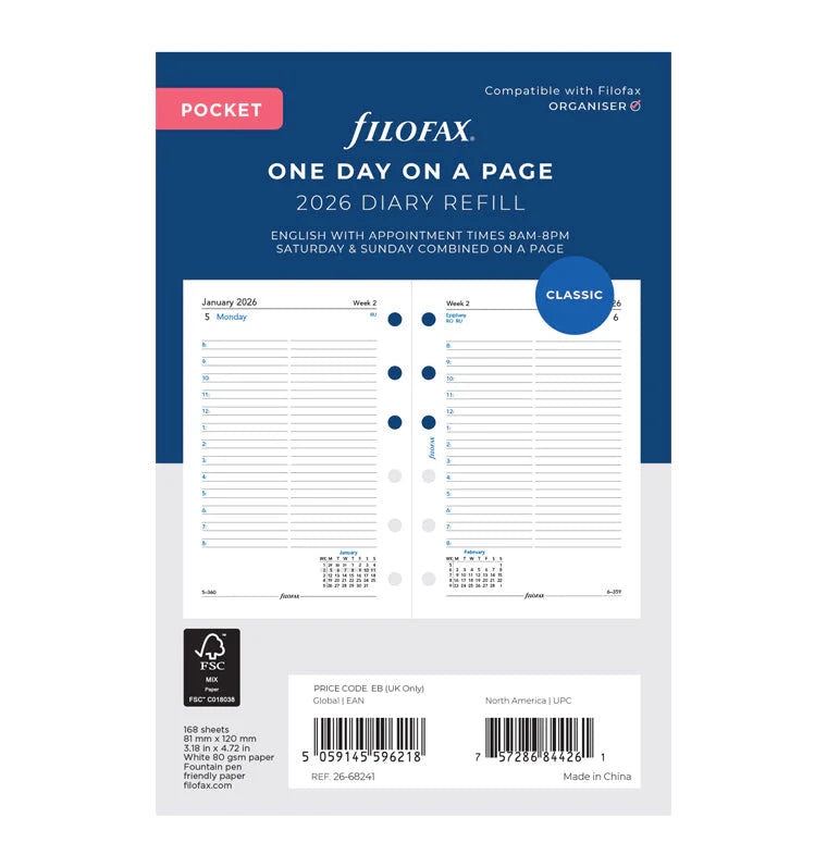 Refill Agenda Filofax Giornaliera Pocket con Appuntamenti 2026 - 168 fogli