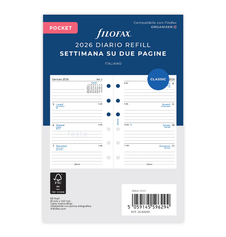 Refill Agenda Filofax Settimanale Pocket 2026 con Settimana su 2 Pagine Italiano - 68 fogli