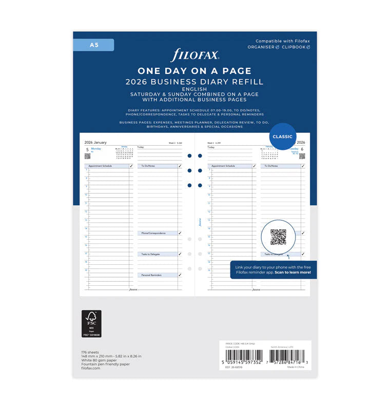 Refill Agenda Filofax Giornaliera Business A5 con Appuntamenti 2026 - 176 fogli