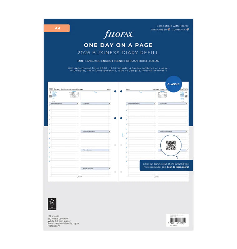 Refill Agenda Filofax Giornaliera A4 con Appuntamenti 2026 - 172 fogli