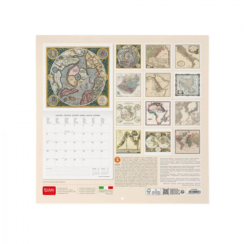 Calendario da Muro 2025 - Vintage Maps - 30 x 29 cm