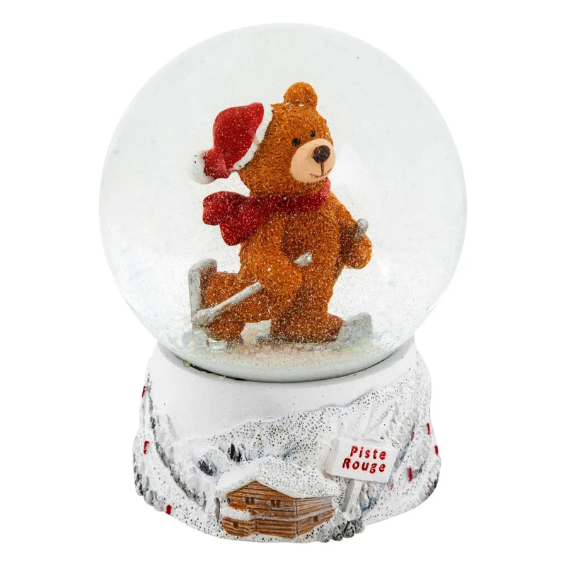 Palla di Vetro con Neve Orsetto con Sci in Resina Bianco e Marrone 8 x 10,5 cm