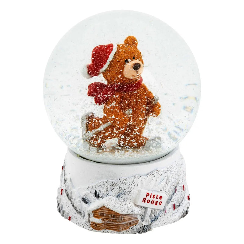 Palla di Vetro con Neve Orsetto con Sci in Resina Bianco e Marrone 8 x 10,5 cm
