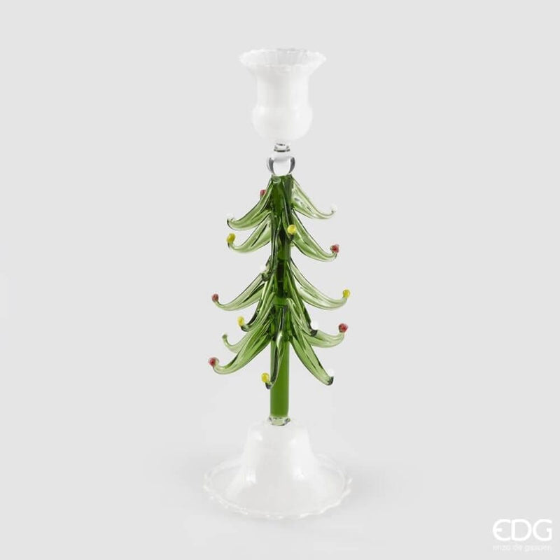 Porta Candela Pino in Vetro Bianco e Verde 24 cm