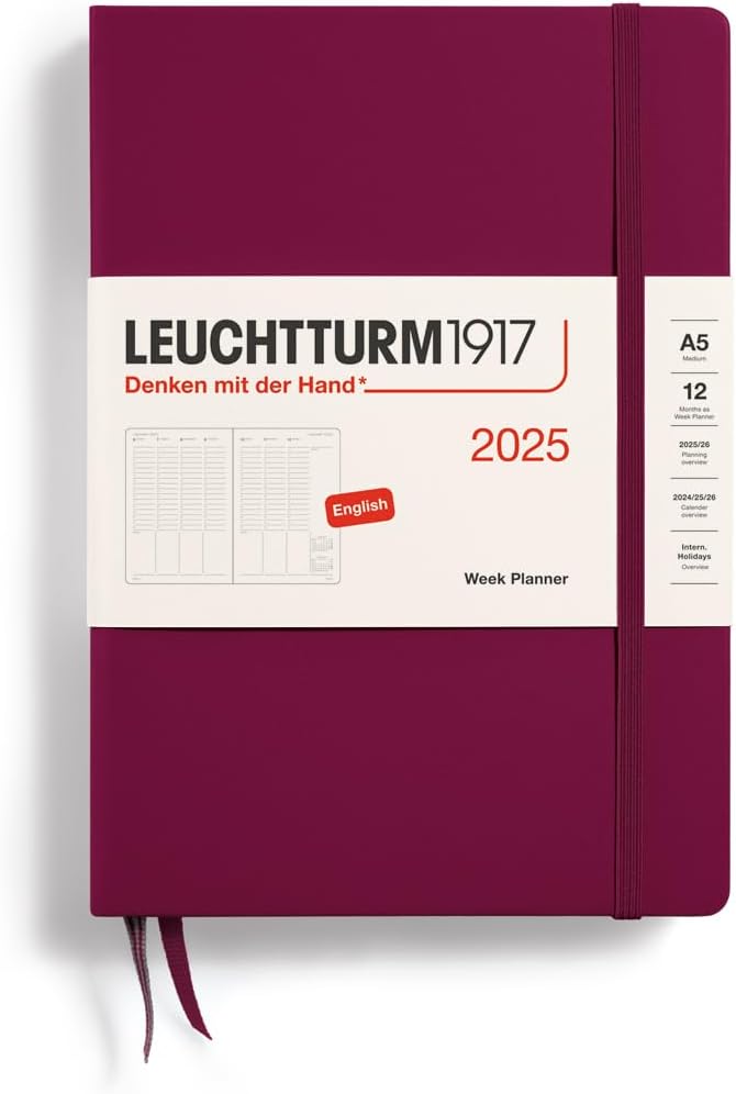 Planner 12 Mesi Settimanale Verticale Medium A5 con Copertina Rigida Port Red 2025