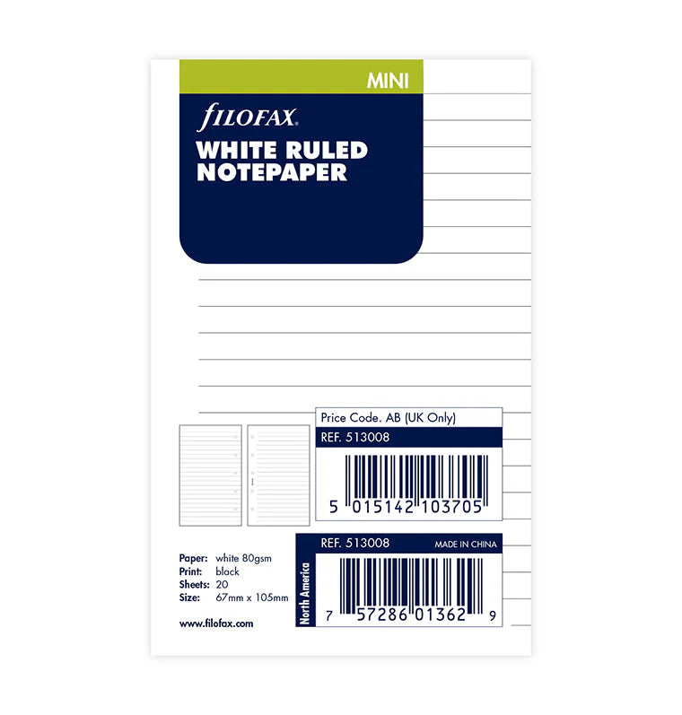 Refill Filofax Mini con Pagine Bianche a Righe - 20 fogli