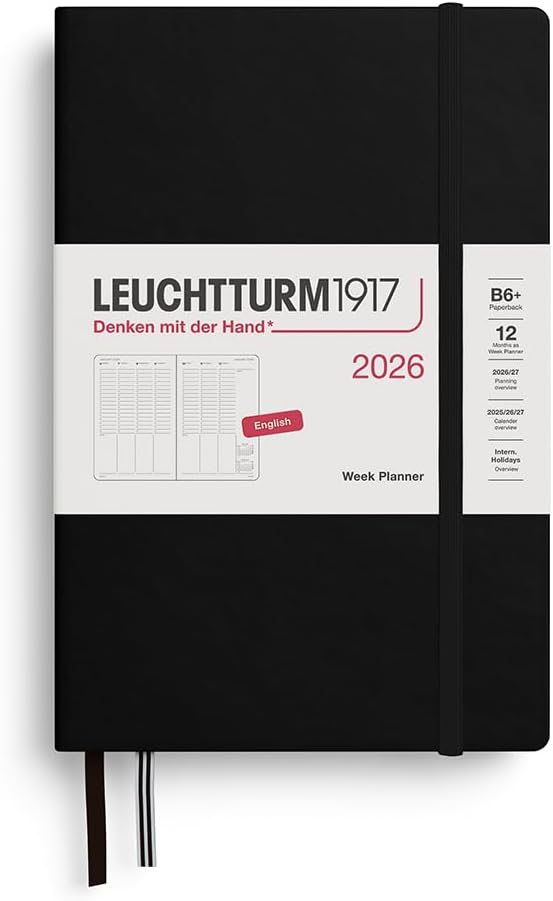 Planner 12 Mesi Settimanale Verticale Leuchtturm1917 Paperback B6+ con Copertina Rigida Nero 2026