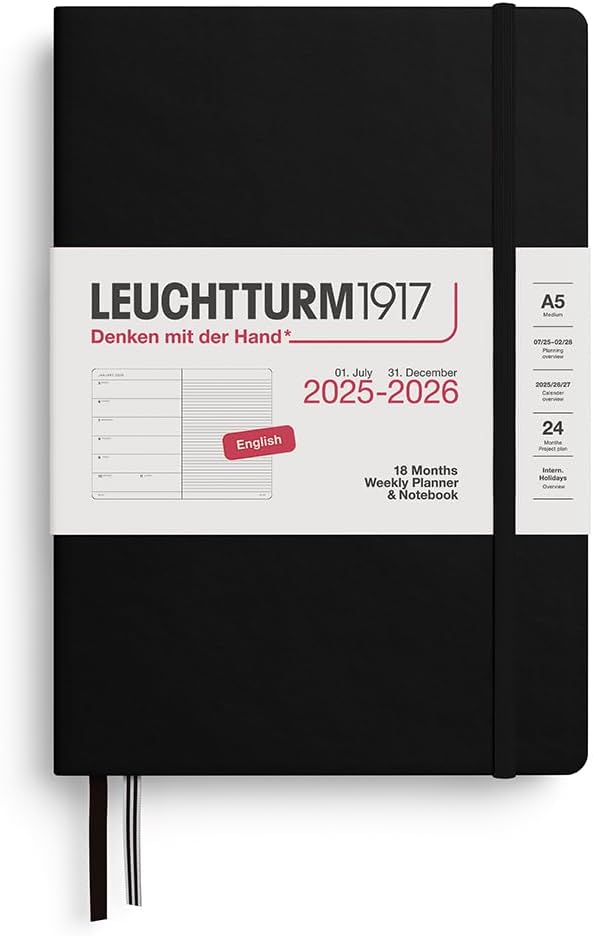 Agenda 18 Mesi Leuchtturm1917 Settimanale Taccuino A5 con Copertina Rigida Black 2026