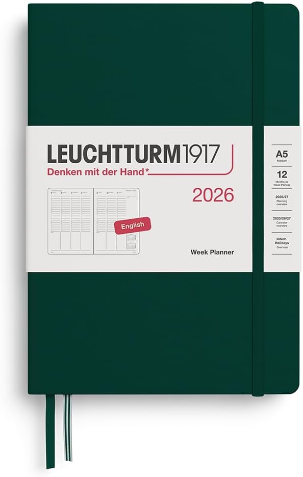 Planner 12 Mesi Settimanale Verticale Leuchtturm1917 Medium A5 con Copertina Rigida Forest Green 2026