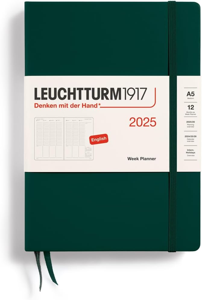 Planner 12 Mesi Settimanale Verticale Medium A5 con Copertina Rigida Forest Green 2025