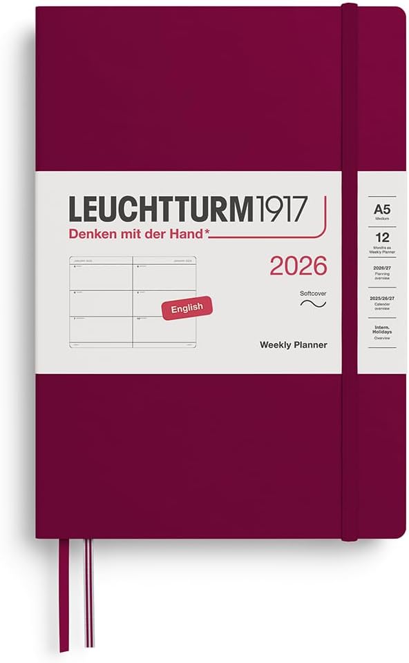 Agenda 12 Mesi Settimanale Orizzontale Leuchtturm1917 Medium A5 con Copertina Morbida Port Red 2026