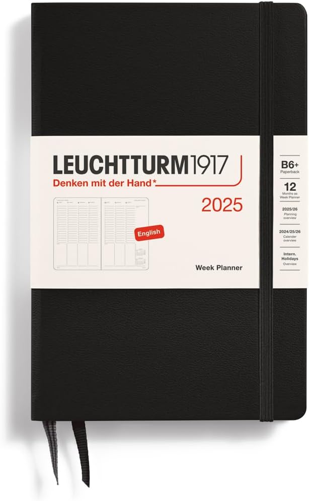 Planner 12 Mesi Settimanale Verticale Paperback B6+ con Copertina Rigida Nero 2025