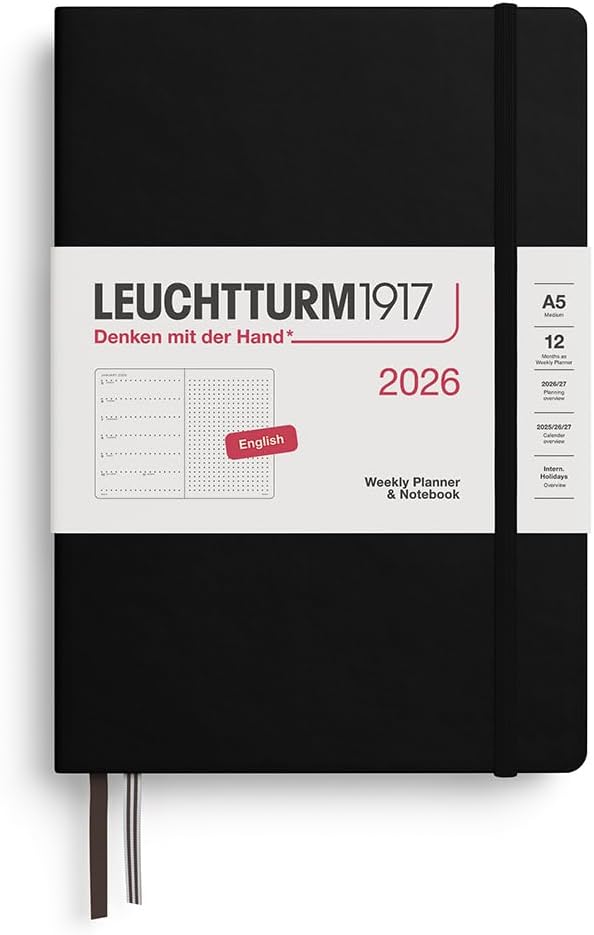 Agenda 12 Mesi Settimanale Leuchtturm1917 & Taccuino Medium A5 con Pagine a Puntini e Copertina Rigida Nero 2026