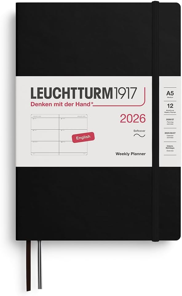 Agenda 12 Mesi Settimanale Orizzontale Leuchtturm1917 Medium A5 con Copertina Morbida Nero 2026
