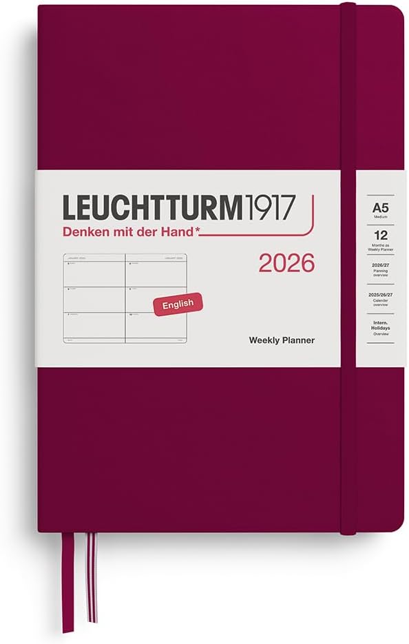 Agenda 12 Mesi Settimanale Orizzontale Leuchtturm1917 Medium A5 con Copertina Rigida Port Red 2026