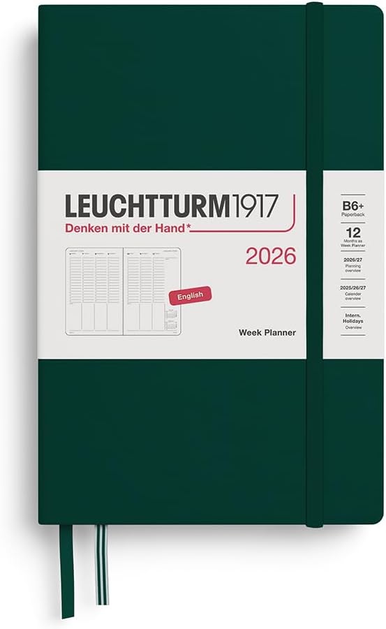 Planner 12 Mesi Settimanale Verticale Leuchtturm1917 Paperback B6+ con Copertina Rigida Forest Green 2026