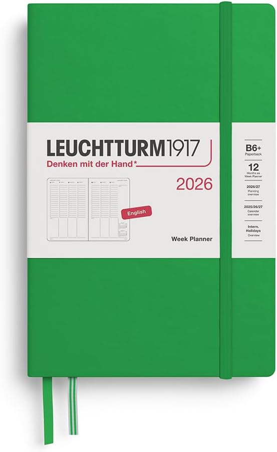 Planner 12 Mesi Settimanale Verticale Leuchtturm1917 Paperback B6+ con Copertina Rigida Spring Leaf 2026