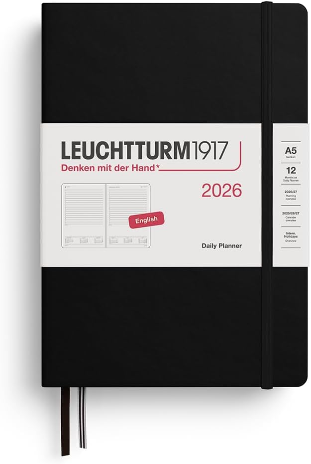 Agenda 12 Mesi Giornaliera Leuchtturm1917 Medium A5 con Copertina Rigida Nero 2026
